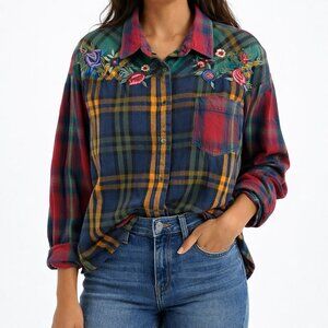 Western Floral Embroidered Vintage Plaid Colorful Flannel QPS Button Up [size L]